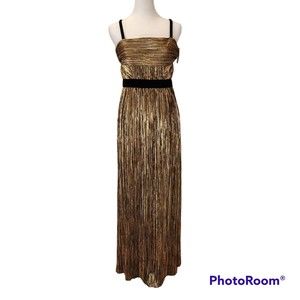Gianni Bini Kerry Metallic Gold Sleeveless Velvet Detail Empire Waist Gown Sz 4